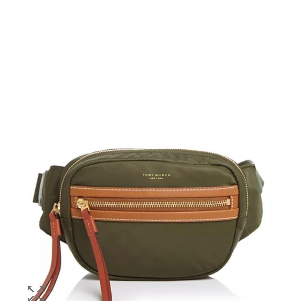 Tory Burch Olive Green Nylon Belt Bag with Tan Leather Accents